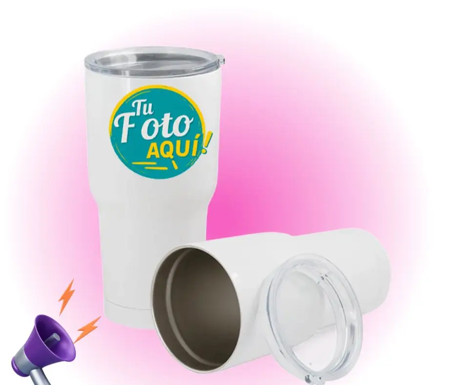 Vaso térmico de acero inoxidable 30oz para sublimación – doble pared al vacío con tapa anti salpicaduras y film retráctil