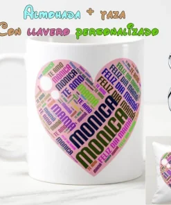 Almohada blanca personalizada + taza y un llavero personalizados