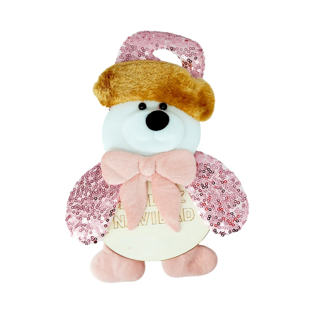 1pza Adorno colgante afelpado o de madera con diseño muñeco de nieve, oso o santa claus + detalles de lentejuela, cascabel y frase grabada de feliz navidad, variedad de diseños - Imagen 7