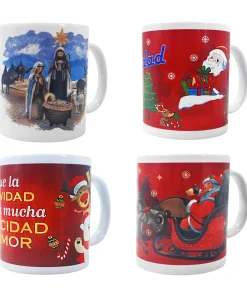 Taza de cerámica con estampado de personajes navideños y frase navideña / j2450